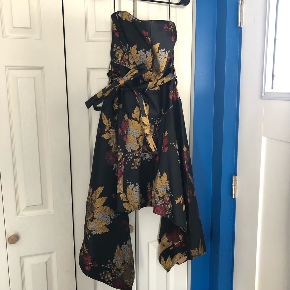 AKIRA Formal Corsetted Dress, Black with Gold and Red Floral Print, Size Large